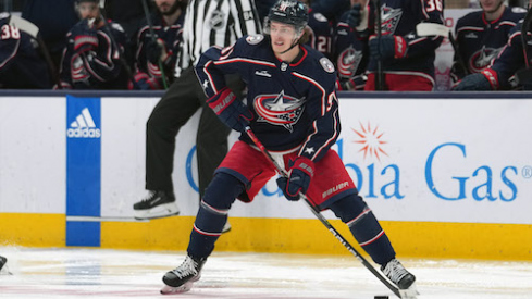Columbus Blue Jackets center Kent Johnson (91) skates with the puck during the second period against the Ottawa Senators at Nationwide Arena.