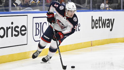 Columbus Blue Jackets defenseman Denton Mateychuk (5) skates against the St. Louis Blues during the second period at Enterprise Center.