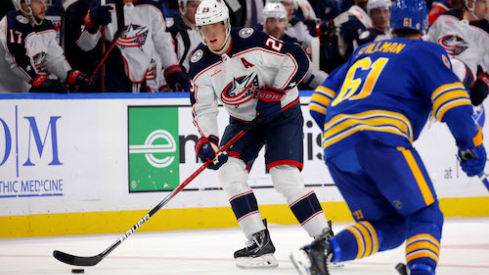Columbus Blue Jackets right wing Patrik Laine (29) carries the puck up ice during the third period against the Buffalo Sabres at KeyBank Center.