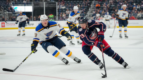 Columbus Blue Jackets right wing Patrik Laine (29) skates with the puck against St. Louis Blues left wing Sammy Blais (79) in the second period at Nationwide Arena.