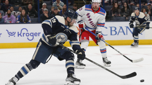  Liam Foudy on his backhand against the New York Rangers