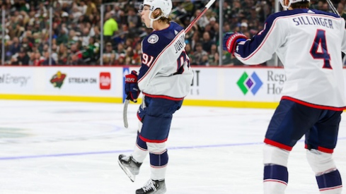 Columbus Blue Jackets center Kent Johnson (91) celebrates his goal against the Minnesota Wild during the second period at Xcel Energy Center. 