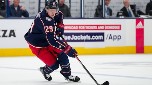 Columbus Blue Jackets right wing Patrik Laine (29) skates with the puck against the Philadelphia Flyers in the first period at Nationwide Arena.