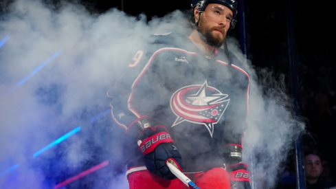 Columbus Blue Jackets' Ivan Provorov takes the ice during player introductions before a game against the Philadelphia Flyers at Nationwide Arena.