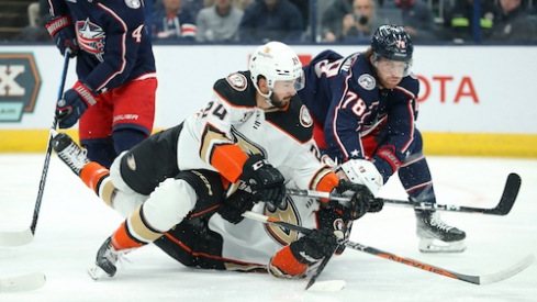 Anaheim Ducks center Benoit-Olivier Groulx (24) collides with Columbus Blue Jackets defenseman Damon Severson (78) during the first period at Nationwide Arena.