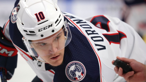 Columbus Blue Jackets' Dmitri Voronkov waits for the face-off during the first period against the Buffalo Sabres at KeyBank Center.