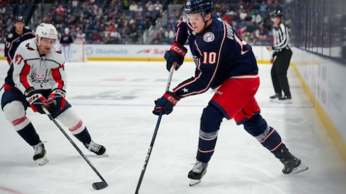 Columbus Blue Jackets forward Dmitri Voronkov (10) skates with the puck against Washington Capitals left wing Beck Malenstyn (47) in the second period at Nationwide Arena.