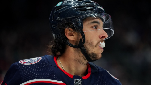 Columbus Blue Jackets' Johnny Gaudreau skates down the ice during a stop in play against the Calgary Flames in the second period at Nationwide Arena.