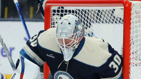 Columbus Blue Jackets goalie Spencer Martin makes a save during the first period against the New York Islanders at Nationwide Arena.