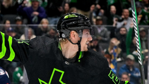 Dallas Stars center Joe Pavelski (16) and center Roope Hintz (24) celebrates a goal Hintz against the Columbus Blue Jackets during the second period at the American Airlines Center.