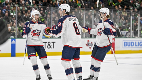 Columbus Blue Jackets' Adam Fantilli and Zach Werenski celebrates a goal Damon Severson scored against the Dallas Stars during the first period at the American Airlines Center.
