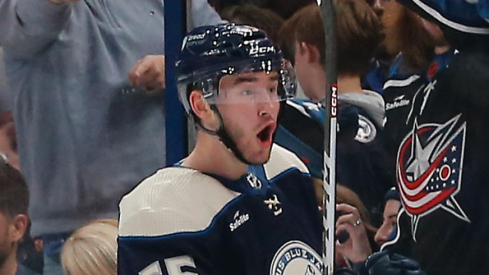 Columbus Blue Jackets defenseman David Jiricek (55) celebrates his goal against the New York Rangers during the second period at Nationwide Arena.