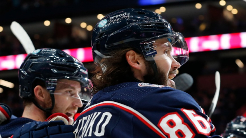 Columbus Blue Jackets right wing Kirill Marchenko (86) celebrates his goal against the Dallas Stars during the first period at Nationwide Arena.