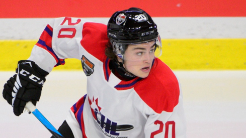 CHL Top Prospects team white forward Luca Pinelli (20) skates during the second period in the 2023 CHL Top Prospects ice hockey game at Langley Events Centre.