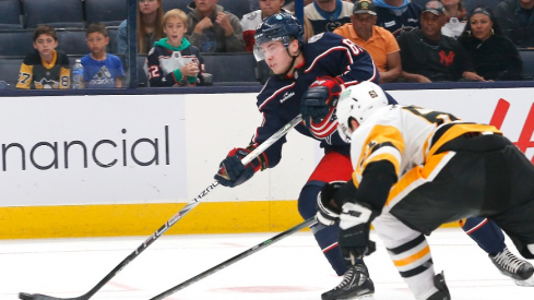 Columbus Blue Jackets right wing Jordan Dumais (69) scores the game winner in overtime against the Pittsburgh Penguins at Nationwide Arena.