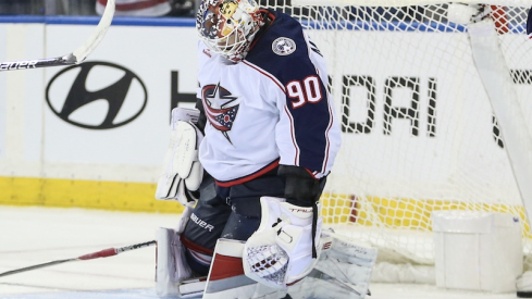 Columbus Blue Jackets' Elvis Merzlikins reacts after allowing a game tying goal with eleven seconds remains in the third period against the New York Rangers at Madison Square Garden.
