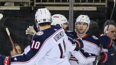 Columbus Blue Jackets center Adam Fantilli (11) celebrates with his teammates after scoring in the second period against the New York Rangers at Madison Square Garden.