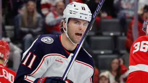 Columbus Blue Jackets center Adam Fantilli (11) celebrates after scoring against the Detroit Red Wings in the first period at Little Caesars Arena.