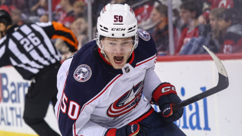 Columbus Blue Jackets left wing Eric Robinson (50) celebrates his goal against the New Jersey Devils during the first period at Prudential Center.