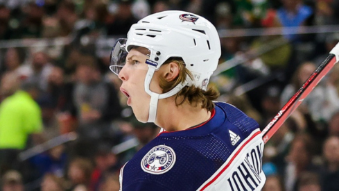 Columbus Blue Jackets center Kent Johnson (91) celebrates his goal against the Minnesota Wild during the second period at Xcel Energy Center.