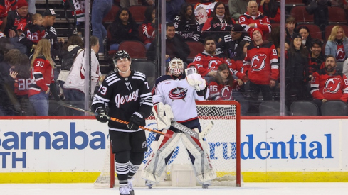 Columbus Blue Jackets' Elvis Merzlikins celebrates the Columbus Blue Jackets win over the New Jersey Devils at Prudential Center.