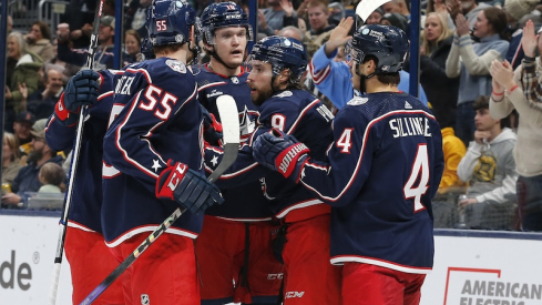 Columbus Blue Jackets' Ivan Provorov celebrates his goal against the Boston Bruins during the second period at Nationwide Arena.