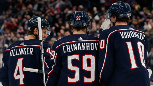 Columbus Blue Jackets left wing Dmitri Voronkov (10) celebrates his goal against the Boston Bruins during the first period at Nationwide Arena.