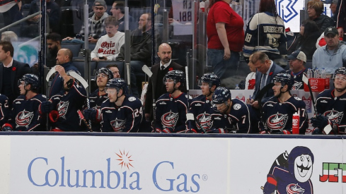 Columbus Blue Jackets head coach Pascal Vincent scans the bench during the third period against the Dallas Stars at Nationwide Arena.