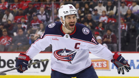 Columbus Blue Jackets center Boone Jenner (38) celebrates his goal against the New Jersey Devils during the first period at Prudential Center.