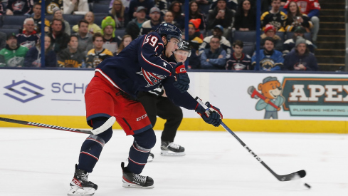 Yegor Chinakhov scores a goal against the Boston Bruins