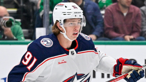 Columbus Blue Jackets center Kent Johnson (91) in action during the game between the Dallas Stars and the Columbus Blue Jackets at American Airlines Center.