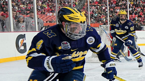 Michigan Wolverines forward Gavin Brindley (4) skates during the Faceoff on the Lake outdoor NCAA men s hockey game against the Ohio State Buckeyes at FirstEnergy Stadium.