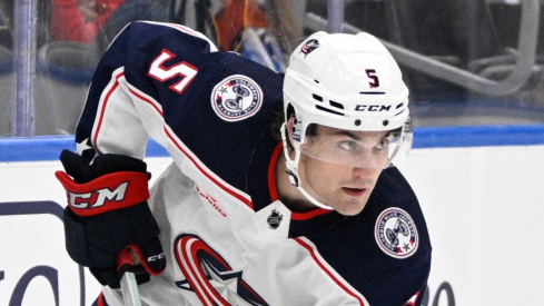 Columbus Blue Jackets defenseman Denton Mateychuk (5) skates against the St. Louis Blues during the second period at Enterprise Center.