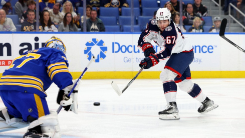 Columbus Blue Jackets left wing James Malatesta (67) takes a shot on Buffalo Sabres goaltender Devon Levi (27) during the first period at KeyBank Center. 