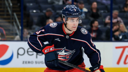 Columbus Blue Jackets defenseman Denton Mateychuk (5) skates against the Buffalo Sabres in the third period at Nationwide Arena.