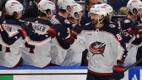 Columbus Blue Jackets' Kirill Marchenko celebrates his goal with teammates during the second period against the Buffalo Sabres at KeyBank Center.