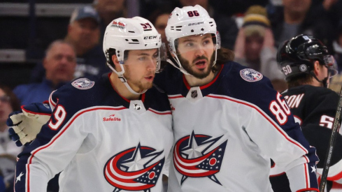 Columbus Blue Jackets right wing Kirill Marchenko (86) celebrates his goal with teammates during the second period against the Buffalo Sabres at KeyBank Center.