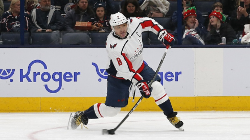 Washington Capitals' Alex Ovechkin shoots against the Columbus Blue Jackets during the second period at Nationwide Arena.