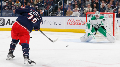 Columbus Blue Jackets defenseman Damon Severson (78) fires a shot Dallas Stars goalie Jake Oettinger (29) during the first period at Nationwide Arena.