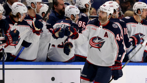 Columbus Blue Jackets' Erik Gudbranson celebrates his goal with teammates during the second period against the Buffalo Sabres at KeyBank Center.