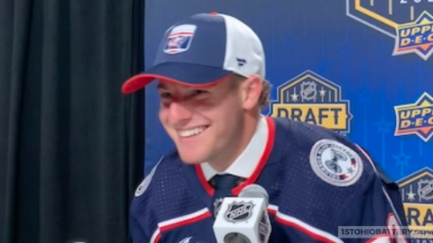 Gavin Brindley speaks to the media after being selected by the Columbus Blue Jackets with the 34th overall pick in the 2023 NHL Draft.