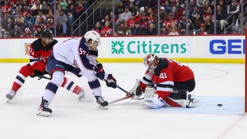 Columbus Blue Jackets right wing Yegor Chinakhov (59) scores a goal on New Jersey Devils goaltender Vitek Vanecek (41) during the third period at Prudential Center.