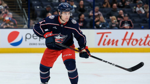 Columbus Blue Jackets defenseman Denton Mateychuk (5) skates against the Buffalo Sabres in the third period at Nationwide Arena.