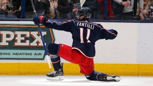 Columbus Blue Jackets center Adam Fantilli (11) celebrates his goal against the Toronto Maple Leafs during the third period at Nationwide Arena.