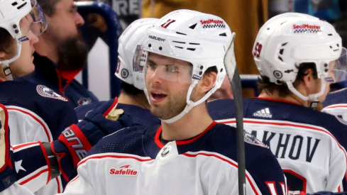 Columbus Blue Jackets center Adam Fantilli (11) celebrates his goal with teammates during the second period against the Buffalo Sabres at KeyBank Center.