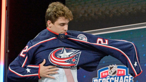 Denton Mateychuk after being selected as the number twelve overall pick to the Columbus Blue Jackets in the first round of the 2022 NHL Draft at Bell Centre.