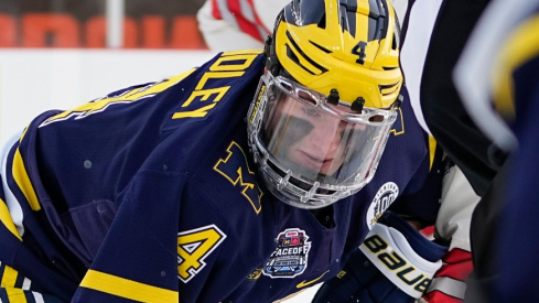 Michigan Wolverines forward Gavin Brindley (4) fights for the puck in front of forward Adam Fantilli (19) during the Faceoff on the Lake outdoor NCAA men s hockey game against the Ohio State Buckeyes at FirstEnergy Stadium.