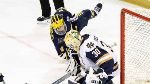 Notre Dame goaltender Ryan Bischel (30) makes the save on shot by Michigan forward Gavin Brindley (4) during the Michigan-Notre Dame NCAA hockey game on Saturday, November 12, 2022, at Compton Family Ice Arena in South Bend, Indiana. Michigan Vs Notre Dame