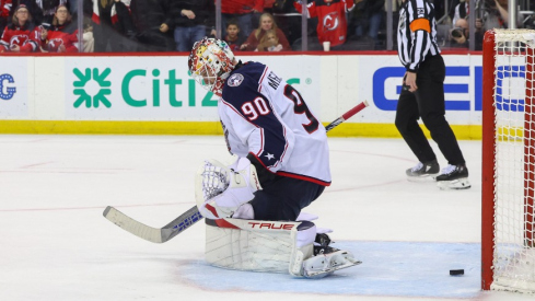 New Jersey Devils right wing Timo Meier (28) scores a goal on Columbus Blue Jackets goaltender Elvis Merzlikins (90) during overtime at Prudential Center.