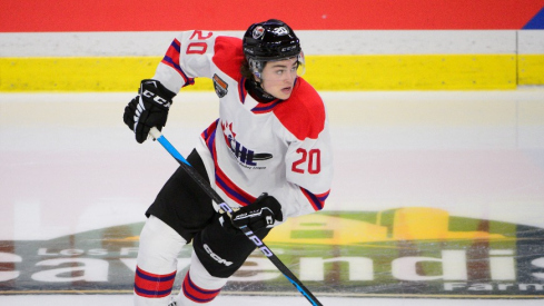 CHL Top Prospects team white forward Luca Pinelli (20) skates during the second period in the 2023 CHL Top Prospects ice hockey game at Langley Events Centre.